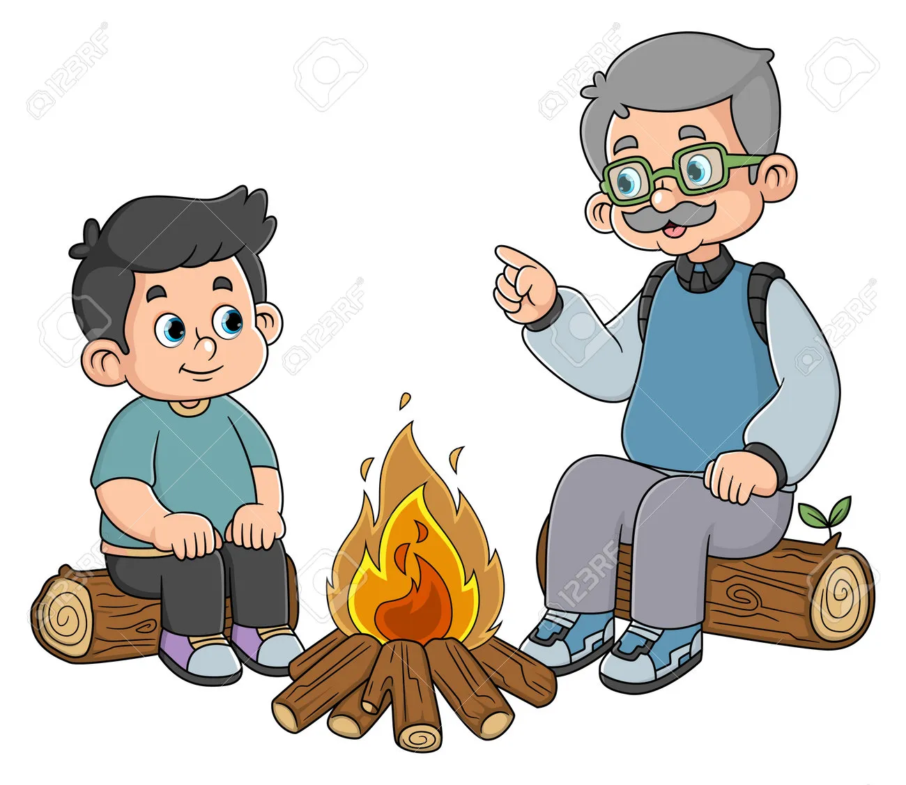 205658607-a-happy-grandfather-with-his-grandson-camping-and-turn-on-bonfire-of-illustration